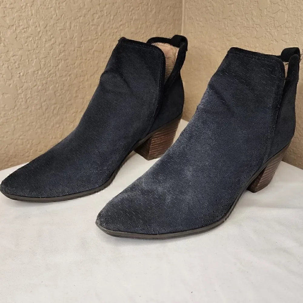 Lucky Brand- Loria Black Suede Leather Upper Heeled Booties Perforated, Size 8.5